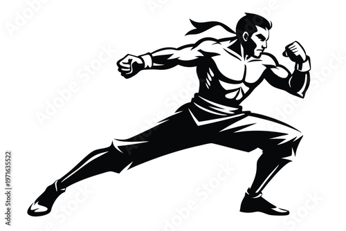 a kickboxer in a fighting stance silhouette line art vector illustration