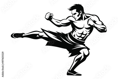 a kickboxer in a fighting stance silhouette line art vector illustration