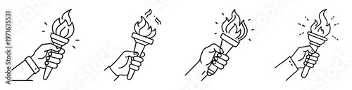 Black and white line drawing of hands holding flaming torches in succession