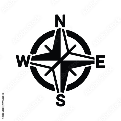 Classic black and white compass pointing cardinal directions on a white background