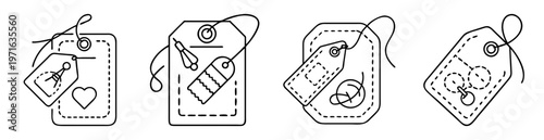 Various line art tag designs with simple shapes and dashed outlines