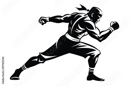 a kickboxer in a fighting stance silhouette line art vector illustration