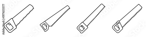 Four hand saws with different handles and blade sizes in a row