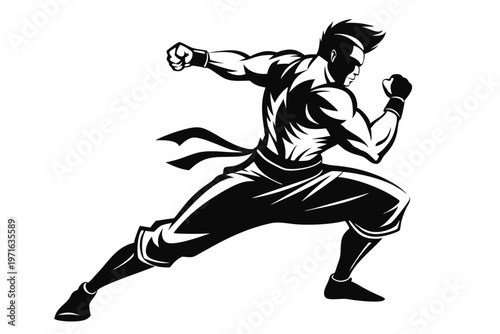 a kickboxer in a fighting stance silhouette line art vector illustration
