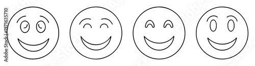 Four different smiling faces illustrations showing diverse emotional expressions in black and white