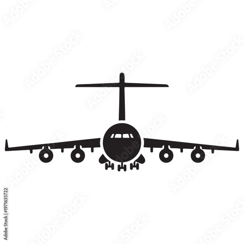 Large Military Cargo Aircraft Silhouette Landing with Landing Gear Down Front View Minimalist Vector Icon for Aviation Logistics Heavy Transport and Air Freight Industry Design.