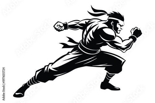 a kickboxer in a fighting stance silhouette line art vector illustration
