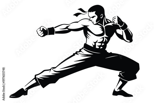 a kickboxer in a fighting stance silhouette line art vector illustration