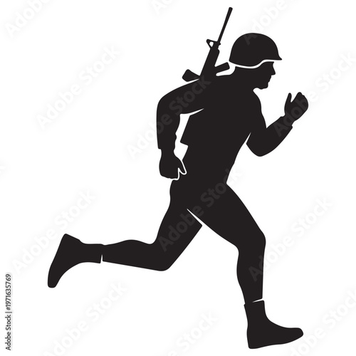 Black silhouette of a soldier with a rifle and helmet running forward in a dynamic charge, representing military combat, infantry training, and battlefield action on a white background.