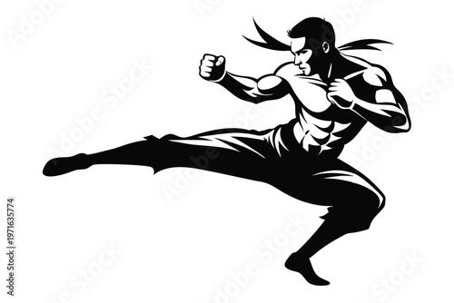 a kickboxer in a fighting stance silhouette line art vector illustration