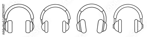 Four different headphone designs in a clean black outline illustration