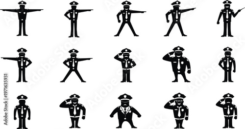 Police officer silhouettes, law enforcement icons, cartoon uniform design, authority gesture set, salute pose, pointing direction, baton clipboard, security symbols