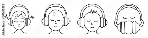 Line art illustration of people enjoying music with various styles of headphones