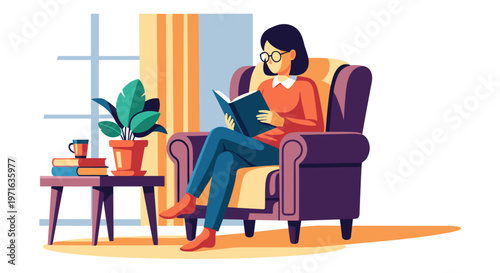 A serene woman with glasses enjoys a quiet moment, comfortably seated in an armchair, engrossed in reading a book at home.