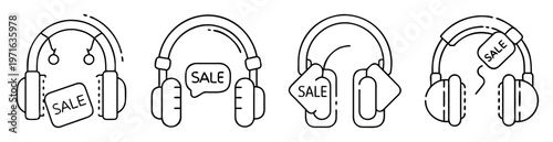 Four different headphones designs with sale tags in line art style