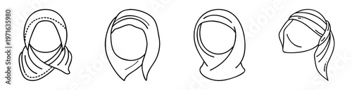Four distinct outline illustrations of different styles of the Muslim hijab