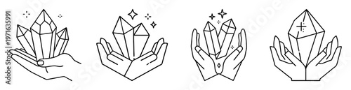 Line art illustration of hands holding crystals with sparkling energy