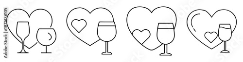 Four hearts in a row with wine glasses in a simple vector outline