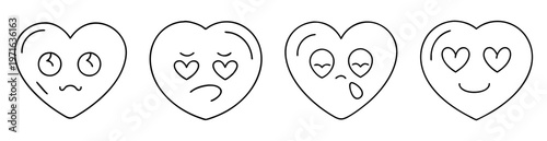 Four hearts with different emotional expressions and feelings in black outline style