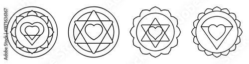 Four variations of the Anahata or heart chakra symbol outline in black and white