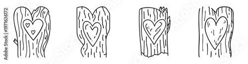 Four monochrome tree trunks each carved with a heart in outline illustration