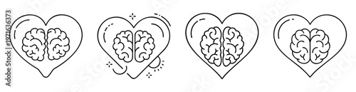 Four black and white illustrations depicting human brains inside stylized hearts