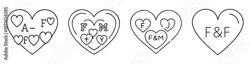 Four hearts with initials representing different relationships and love connections