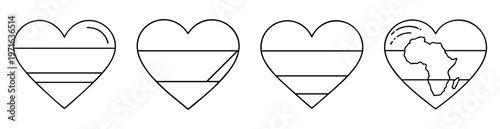 Four abstract hearts with unique internal lines and continent depiction in black