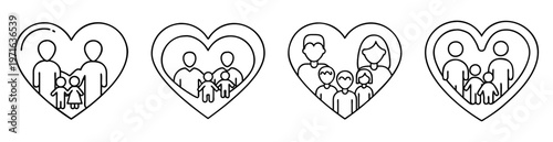 Variety of family depictions within hearts, symbolizing love, kinship and connection