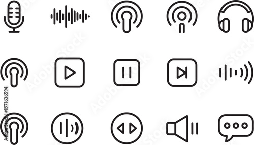 Podcast audio outline icons set, microphone headphones play pause sound playlist broadcast elements music design vector collection