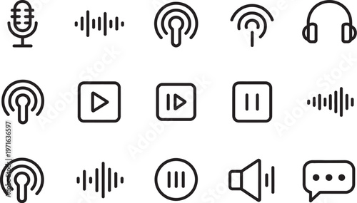 Podcast audio outline icons set, microphone headphones play pause sound playlist broadcast elements music design vector collection