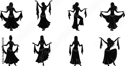Belly dancer silhouettes in traditional costumes with veils and scarves, expressive cultural dance poses, elegant movement illustration, Middle Eastern performance art