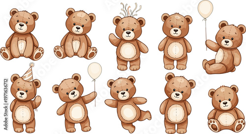 Collection of Ten Cute Teddy Bears with Balloons, Party Hats, and Various Poses, in Soft Brown and Beige Tones"