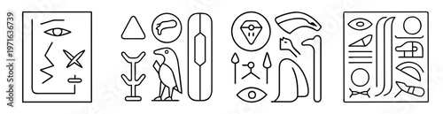 Black and white line drawing of ancient Egyptian hieroglyphs symbols