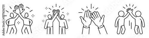 Simple line drawing illustration of people celebrating a success with high fives
