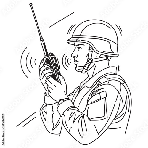 Military soldier in uniform and helmet using a portable radio walkie-talkie for tactical communication, minimalist black and white line art illustration of field operations and security.