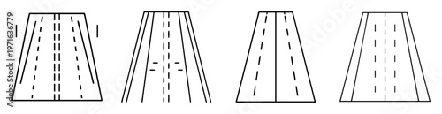 Four stylized illustrations depicting road or highway segments with varying lane markings