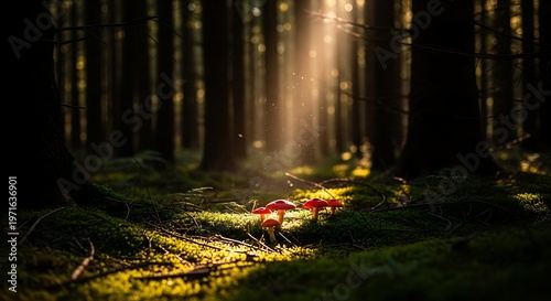 A serene forest scene with vibrant red mushrooms in the sunlight