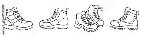 Black and white line drawing of four different laced hiking boots