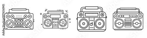 Four variations of classic boomboxes in black and white outline style