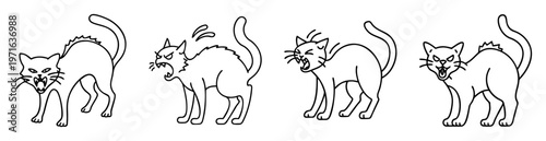 Four angry cats in black and white line art illustration