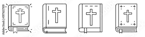 Four different minimalistic illustrations of a Bible with a Christian cross on the cover