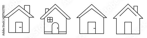 Line art illustration of four simple houses with a chimney