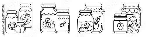 Outlined fruit and berry jam jars arrangement in different sizes