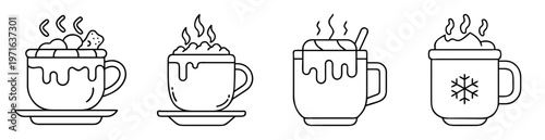 Outlined winter themed mugs with various toppings and designs on white backdrop