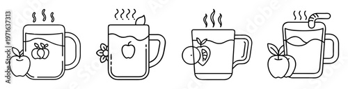 Outlined mugs of hot apple cider with steam and fruit garnish