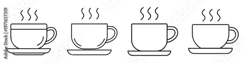 Four uniquely designed coffee cups filled with hot steaming liquid beverages