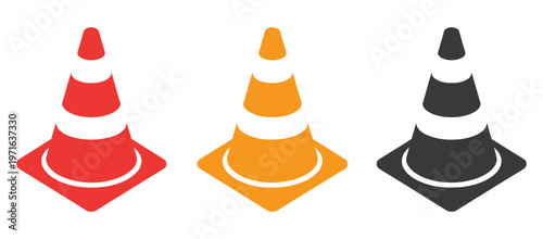 Traffic cone icon set road safety and construction zone warning symbols, highway maintenance and work area indicator icons, caution barrier and traffic control concept, vector