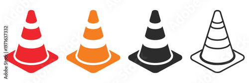 Traffic cone icon set road safety and construction zone warning symbols, construction site traffic control icons collection, hazard caution and roadwork barrier sign concept
