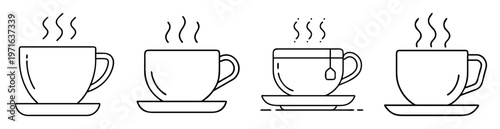 Four black and white line drawings of steaming tea cups on saucers